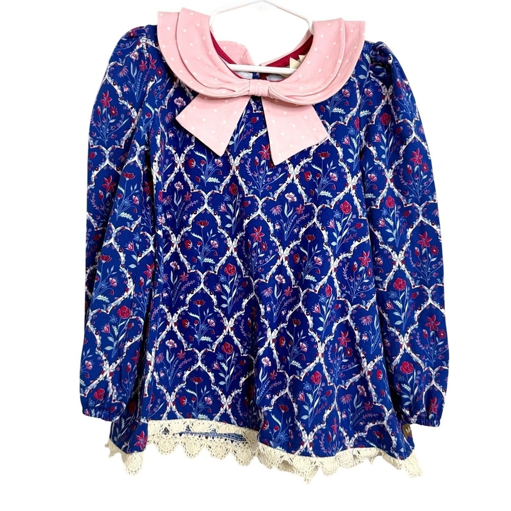 Matilda Jane Clothing Girls Blue Floral Dress Pink Peter Pan Collar‎ Bow Lace